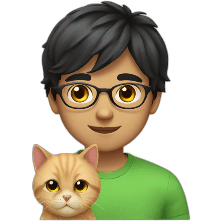 Boy green eyes, glasses, with black short hair, with orange Persian cat emoji