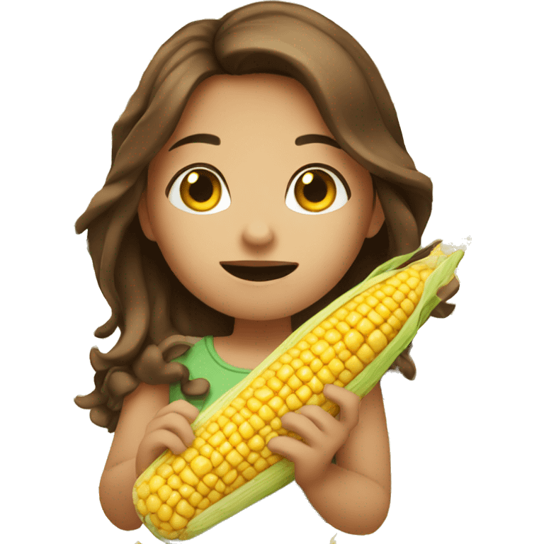 Girl with brown hair eating corn emoji