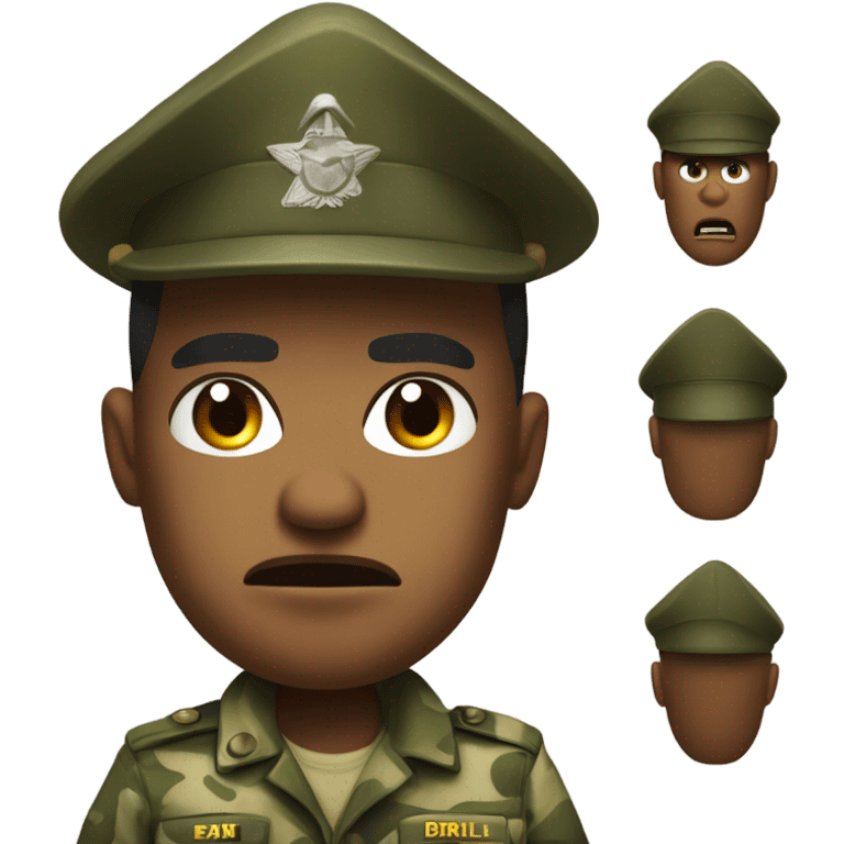 drill sergeant character wearing a classic sergeant hat and a camouflage army shirt. The character should have an angry intense expression. full torso emoji