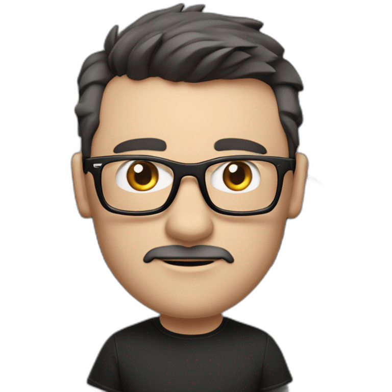 small-cartoonish-middle-age-lean-white-man,without-facial-hair,-with-black-hair-&-glasses-wearing-black-Tesla-T-shirt,-inside-black-tesla-model-3, full car front view emoji