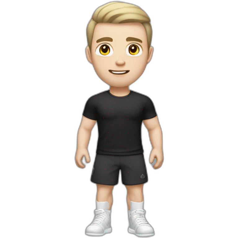 Pale skinned Fit Man With the biceps and dark brown hair in black shirt, gray sports shorts and white Sneakers emoji