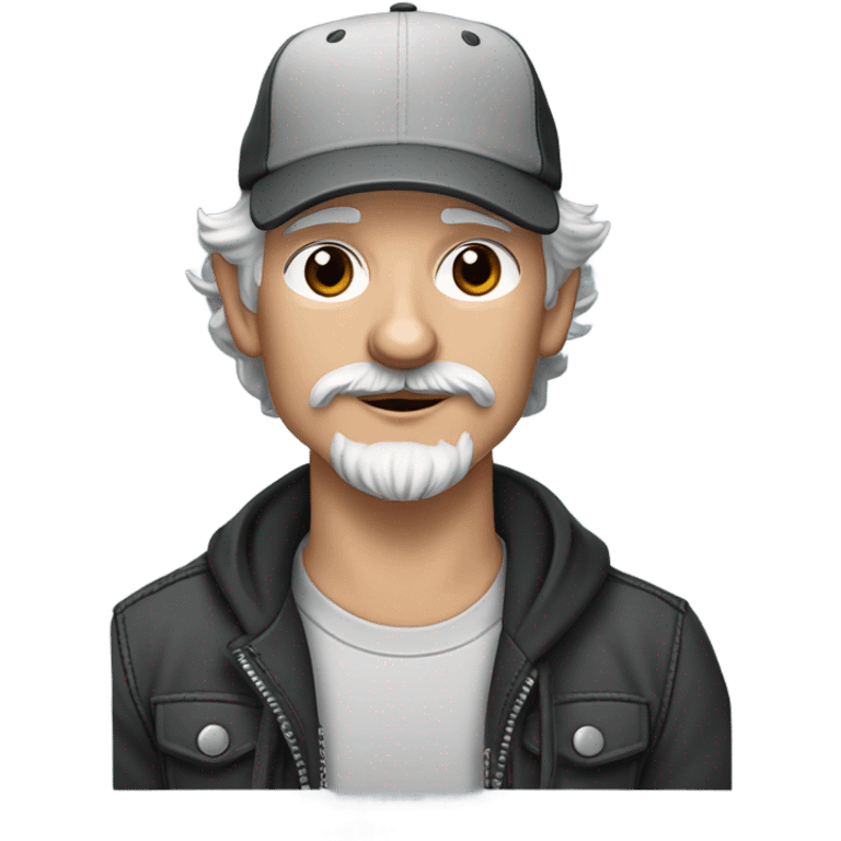 blue eyed gray haired gray goatee man in ball cap holding a black longhair chihuahua  emoji