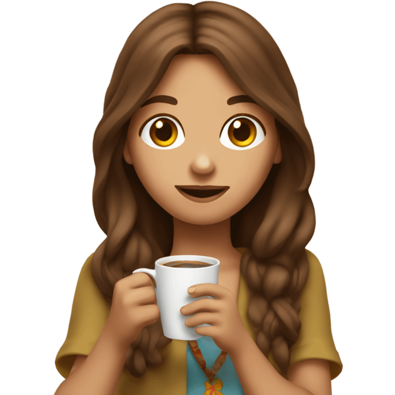 hippie girl with brown hair drinking coffee and holding up peace sign emoji