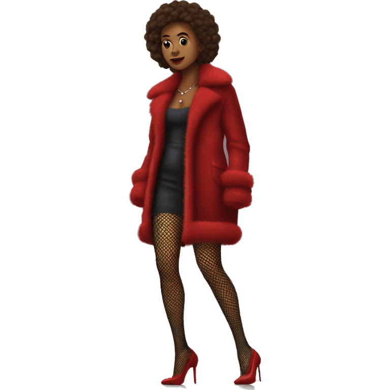 A woman near a street light, wearing fishnet tights, and red heels. She also has a fuzzy coat on. There is a car pulled up near her emoji