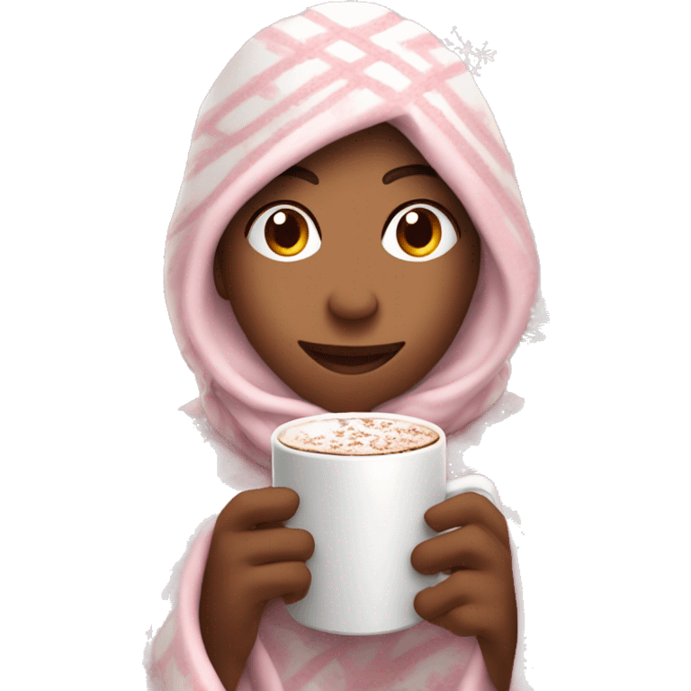 person wrapped in a cozy white snowflake pattern blanket whilst holding a steaming hot chocolate, light pink themed emoji