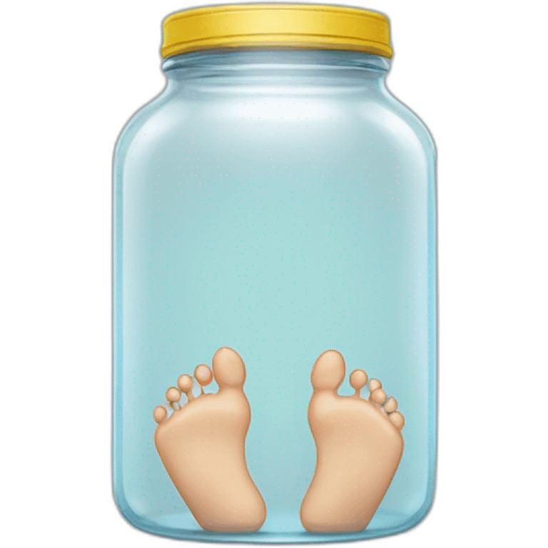 human feet standing on the floor with an empty transparent jar between them,front view emoji