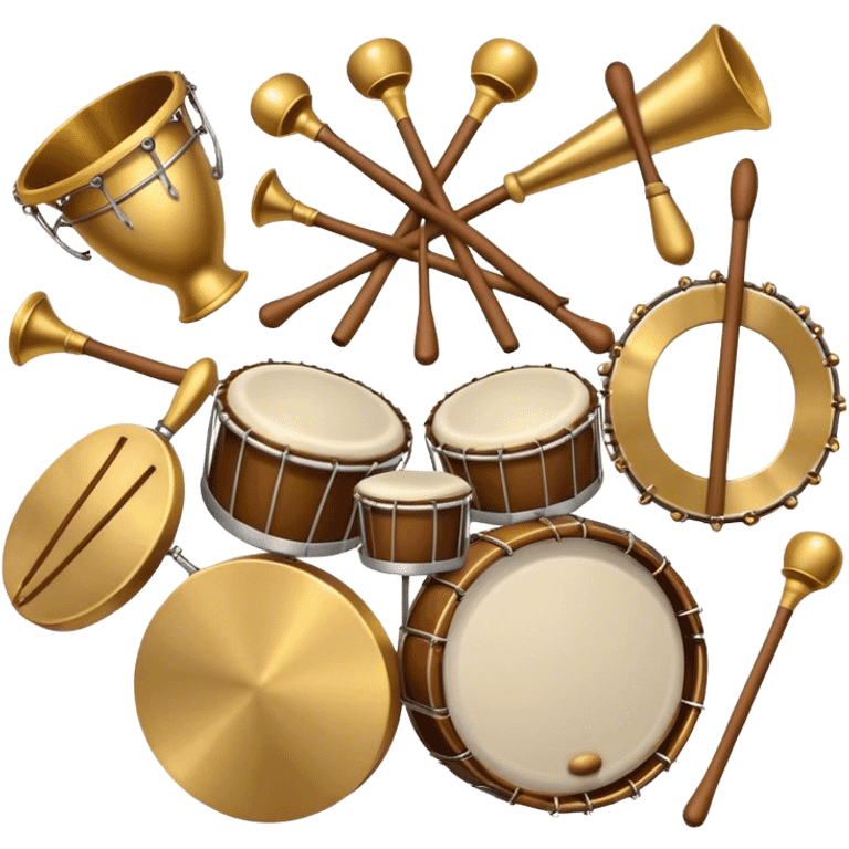 Create a heraldic, festive, and professional emblem-like emoji representing percussion instruments. The design should resemble a traditional crest, featuring a range of percussion instruments like cymbals, triangle, tambourine, maracas, timpani, and other traditional and folk percussion instruments. Arrange them symmetrically, with elements like cymbals crossing each other, a triangle at the center, and timpani or drums flanking the sides. The instruments should be depicted with metallic and wooden tones—shiny brass for cymbals, silver for the triangle, and rich wood or polished bronze for drums. Include ornate details like engraved patterns on the instruments, decorative swirls or laurels, and subtle accents to add elegance and festivity to the composition. The overall design should be cohesive, balanced, and visually striking, suitable for use as a prestigious emblem. The background should be transparent. emoji