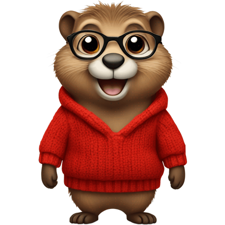 winking cute groundhog in a fully red sweater and glasses full body shown emoji