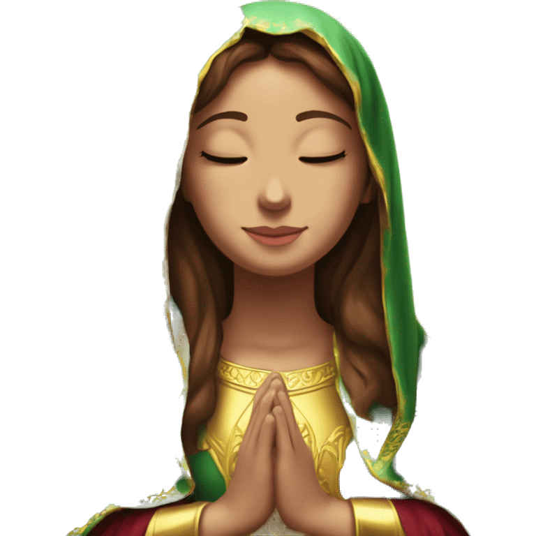 Virgin Mary: kind face looking down at the left, long brown hair, Wearing an emerald green  robe with gold stars and a burgundy red dress,  Hands in prayer or blessing. Halo around her head. standing in front of a big sun. colorful roses on the sides  emoji