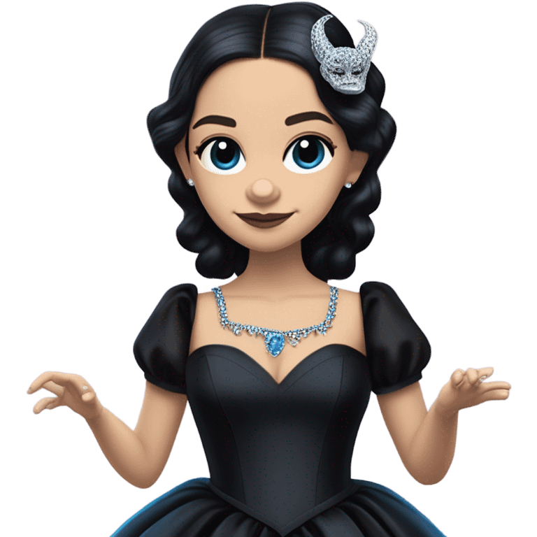 relaxed low-cut back silky black evening ball gown with lace gloves, Jenna Ortega as Wednesday Addams wearing a mini diamond tiara showing off blood blue cute horned old dragon hand-puppet emoji