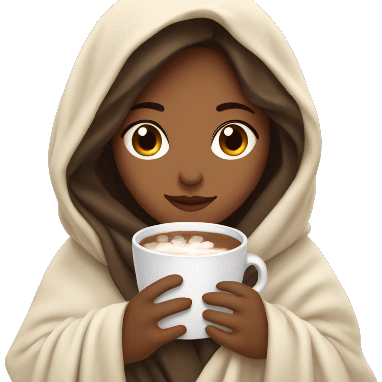 brunette girl wrapped in a blanket with a cup of hot chocolate emoji