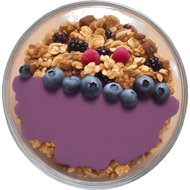 Açaí in a clear bowl layered with milk berries and granola emoji