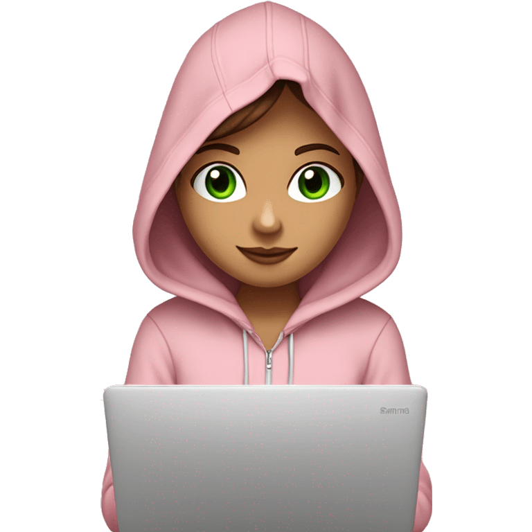 a girl with brown long hair, fair skin, green eyes, is working relaxed at a modern laptop in a monochrome pale pink zip hoodie with a hood and a pink monochrome T-shirt emoji