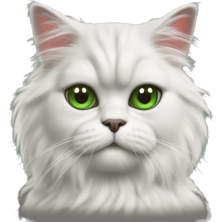 Persian cat with a mongrel with gray-white-black hair with green eyes nose and mouth with white wool under the eye red spot emoji