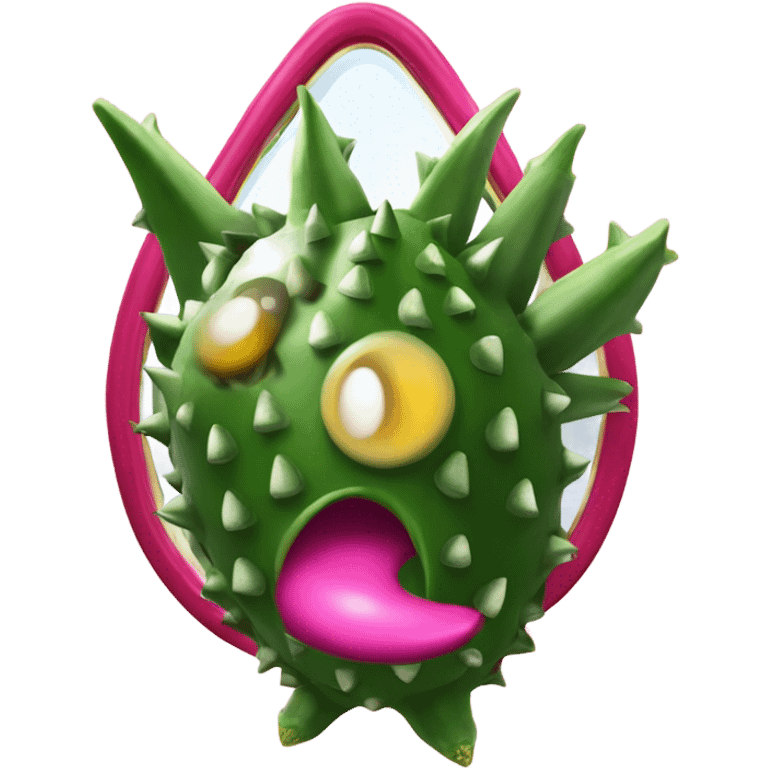 3D elegant Pitahaya with large shiny eyes 👀 Pitahaya hand holds the mirror with its reflection 🪞 emoji