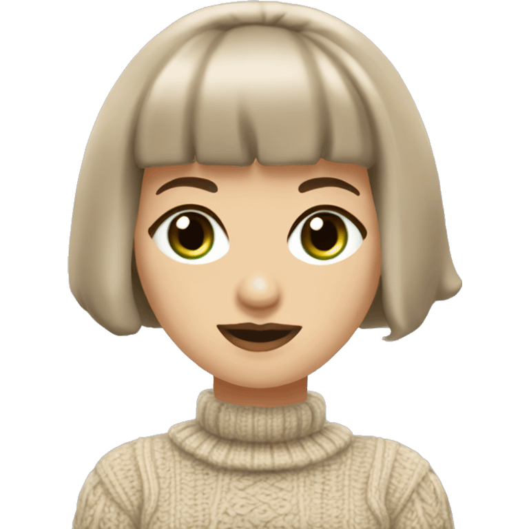 A Romanian woman with a short bob haircut featuring bangs and green eyes, wearing an elegant, light beige color straight-fit chunky knit dress with a twist pattern. She completes her look with black heels and dark brown shimmering stockings. emoji