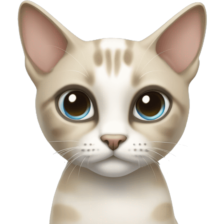 Thai breed adult cat with a light cream-brown body, dark gray nose and face, ears, and paws. sharp ears, and striking light blue eyes  emoji