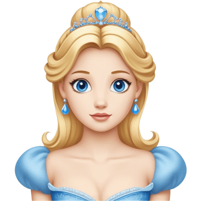 Cinematic Realistic Comical Cinderella Portrait, with every detail rendered realistically—from the soft, smooth texture of her fair skin to her artfully styled golden-blonde hair. Her bright blue eyes are wide with playful disbelief, and her expression carries a touch of whimsical humor while retaining elegant poise. Her classic ball gown, detailed with rich fabric textures and natural shadows, catches the light in a way that blends refined beauty with a hint of cheeky mischief, creating a striking, lifelike portrayal. emoji