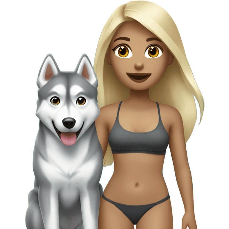 blonde girl on beach with Gray Husky  emoji