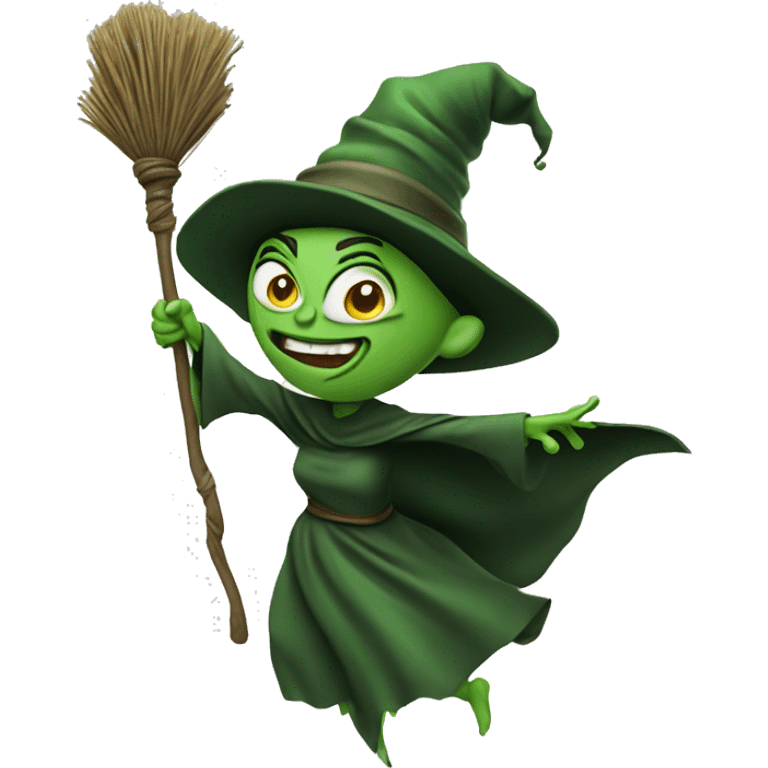 Ugly mad green witch, flying on a broom emoji