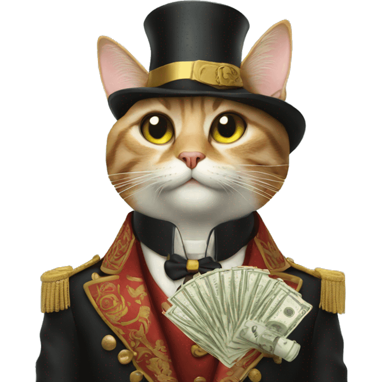 Cat with a cigarette with money signs in his eyes wearing fancy clothes emoji