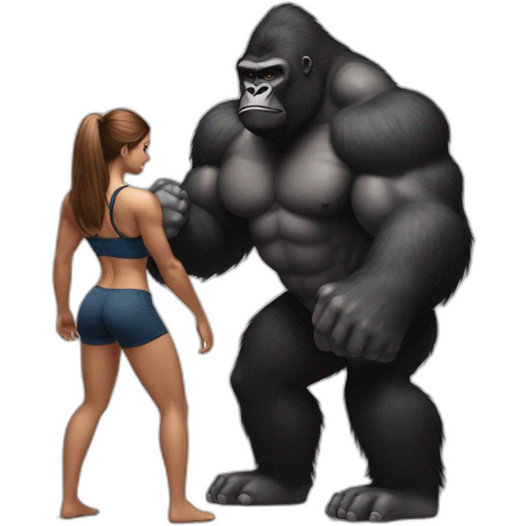 Big buff Gorilla holding a beautiful girl with a big back doing squats emoji