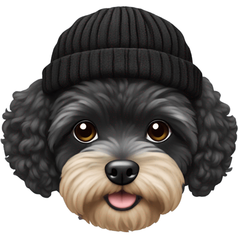 tiny black maltipoo with a beanie hat emoji