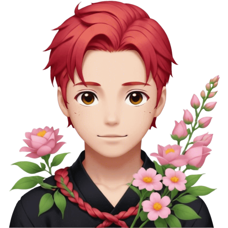 red hair with a thin braid on the side anime style handsome sexy gojo guy with blushing face and flowers aesthetic trending style outside emoji