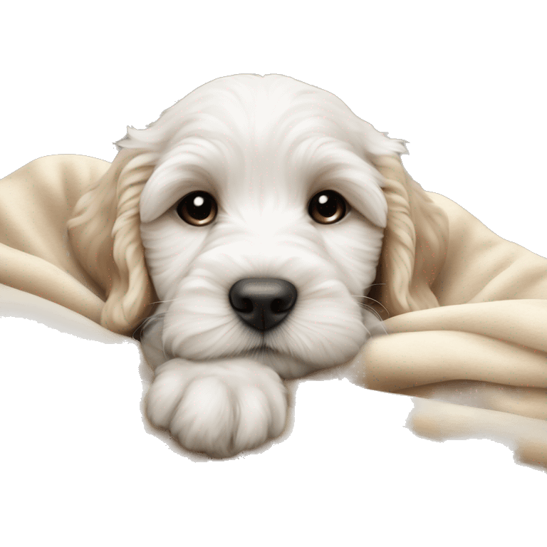 White cute cockapoo puppy sleep in blanket emoji