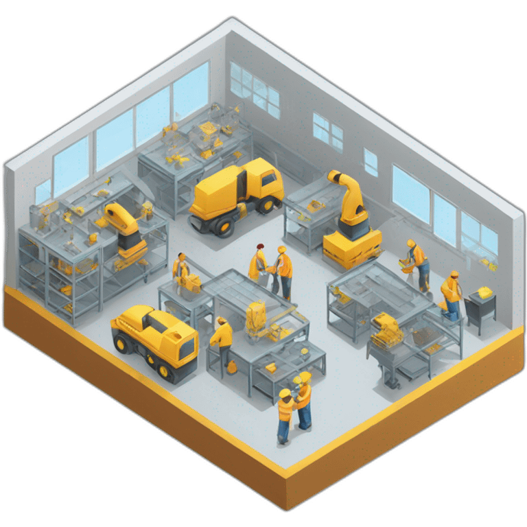 isometric square transparent solid outline border containing indoor factory people actively working emoji