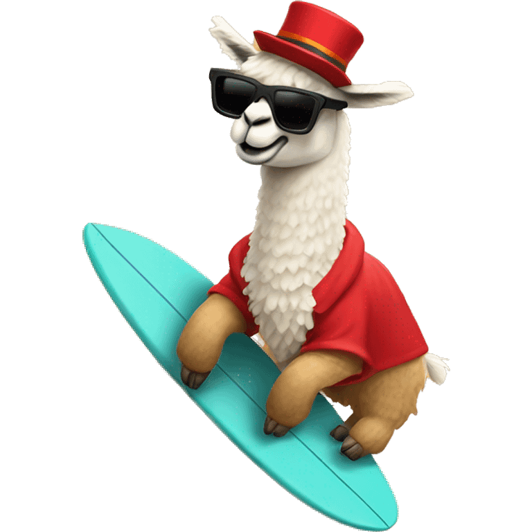 Llama with red sweater top hat and sunglasses surfing on sand dunes emoji