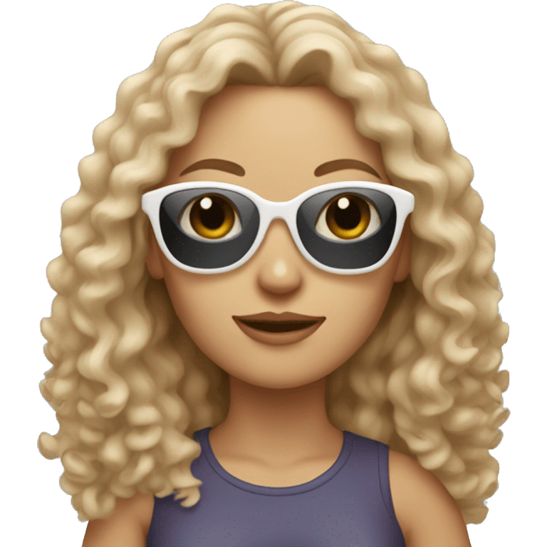 white woman with a slight tan, long curly hair and sunglasses holding a cat emoji