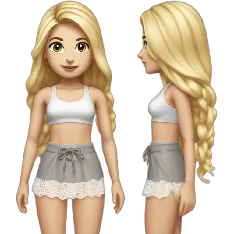 hyperrealistic caucasian female, long straight blonde hair, white lace-up crop top and grey plain tight mini skirt emoji