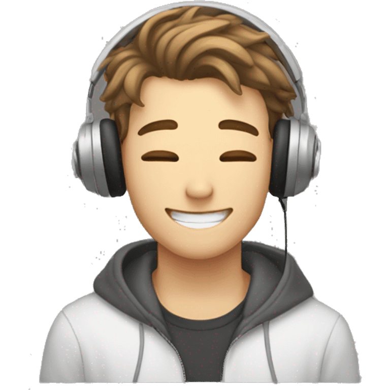 white 20yo guy, wearing a headphone, having a brown curtain mullet hair, cutely smiling with closed eyes and holding a heart in his hands emoji