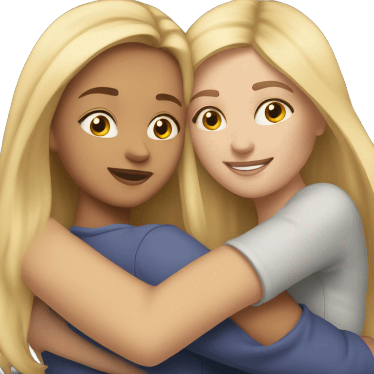 A blonde sister and a brunette sister together hugging emoji