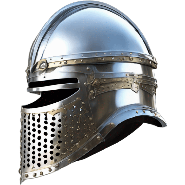 elaborate full-face closed armet medieval helmet armor intricate chrome inlays emoji