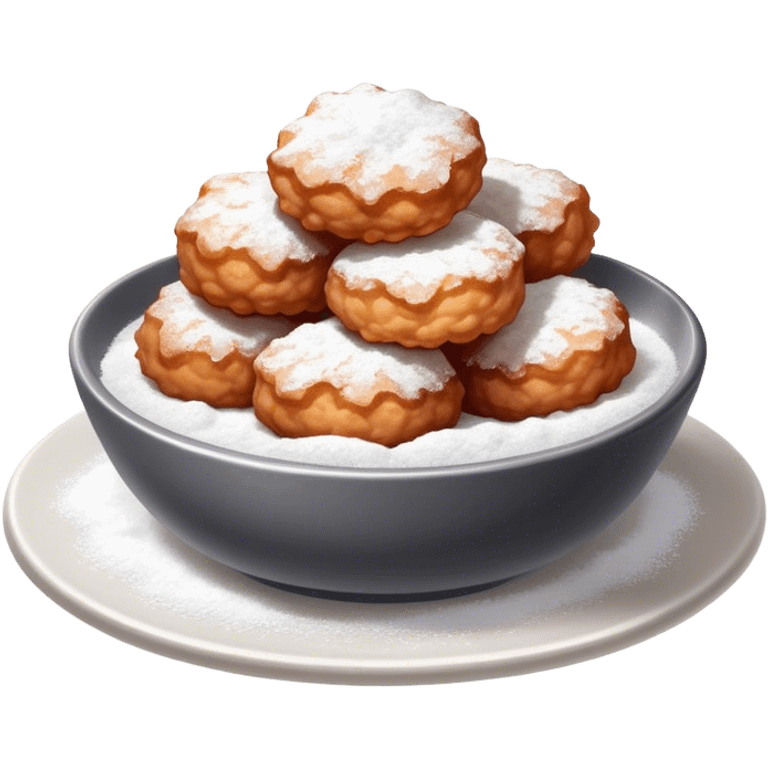 Buñuelo Cinematic Realistic Buñuelo Dessert Emoji, depicted as perfectly round, fluffy fritters served in a small bowl with a dusting of powdered sugar, rendered with vibrant textures and warm, inviting lighting. emoji