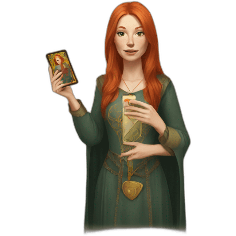 redhead white woman medium long straight hair, holding a tarot card in her hand emoji