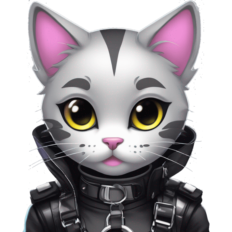 Gorgeous edgy cute shiny epic punk magical gradient gothic dark techwear anime style anthro cat with blushing face aesthetic and pretty edgy black with collar and harness trending style emoji