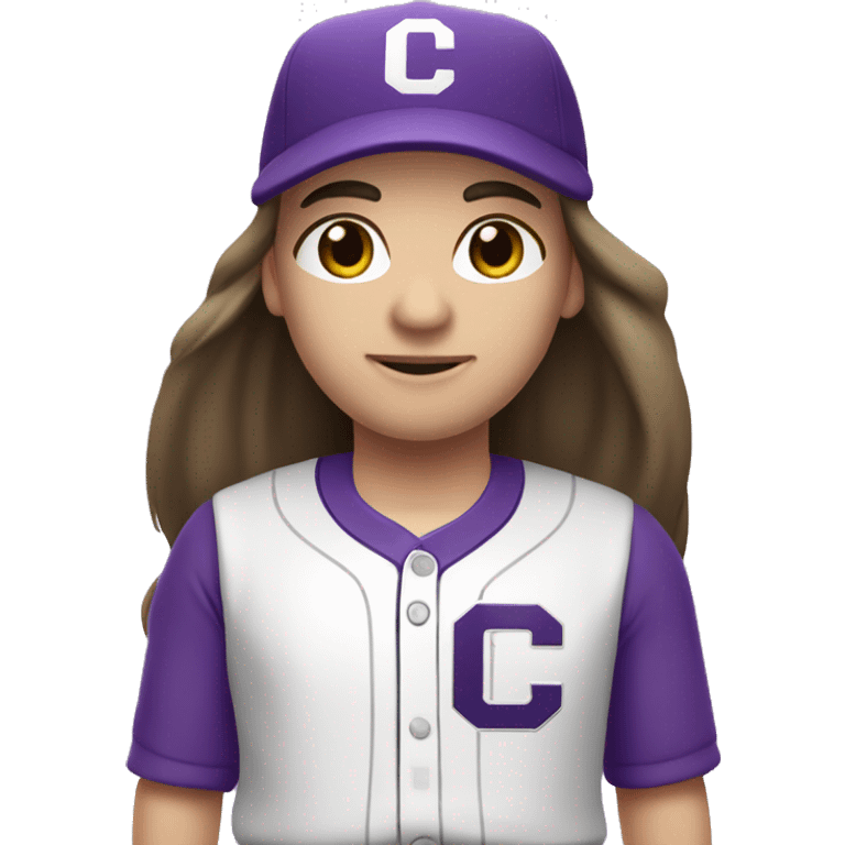 baseball card character. Brunette long straight hair. letter C logo. Purple and white uniform. emoji