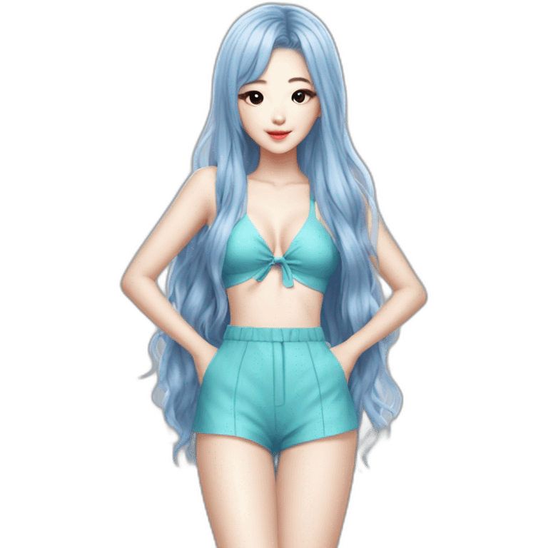 asian korean girl, beach suit, kpop idol, full body, trendy hairstyle, pretty girl silver blue hair emoji