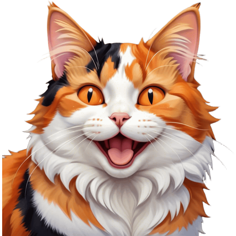 Cinematic Cute Yawning Calico Cat Portrait Emoji, Head tilted mid-yawn with a charming, relaxed expression, showcasing a soft patchwork fur of vibrant orange, black, and white, simplified yet irresistibly adorable, highly detailed, glowing with a cozy, gentle radiance, high shine, exuding sleepy yet endearing charm, styled with a soft glowing outline, capturing the essence of a calico cat caught in a delightful yawn that seems ready to cuddle up for a nap! emoji