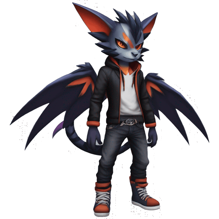 Cool Anthro Black Noivern-Absol-Litten-Pokémon with edgy stripes hoodie spiked collar punk Full Body emoji