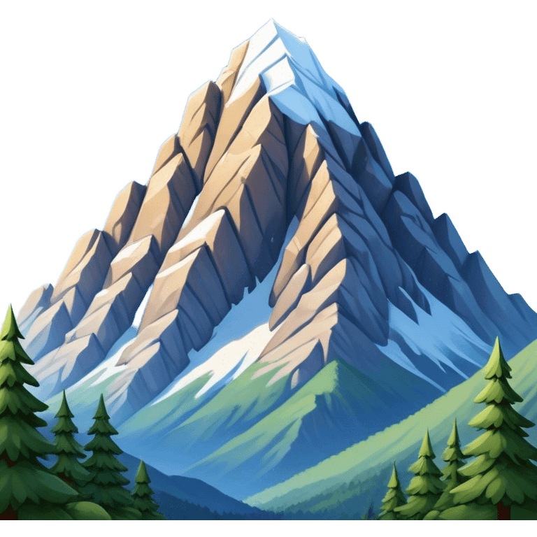 Cinematic Realistic Mountain Emoji, Majestic and towering, with craggy, snow-capped peaks rising sharply against a deep blue sky. The rugged terrain is dotted with rocky outcrops and patches of greenery, with clouds swirling around the higher reaches. Soft glowing outline, capturing the essence of ancient strength and natural beauty in a towering mountain! emoji