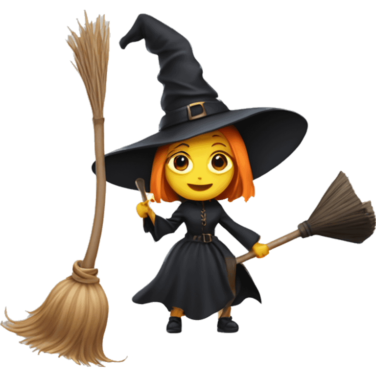 a witch with a big head and small witch hat and huge broom emoji