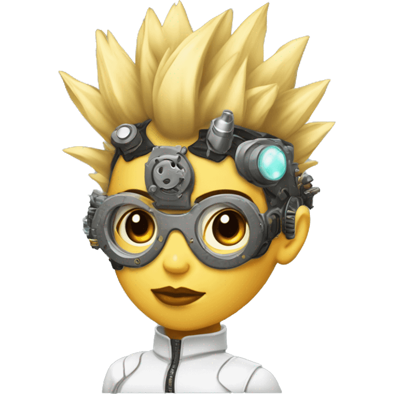 Light yellow Mohawk hair female cyborg head, tan skin, steampunk goggles and circuits emoji