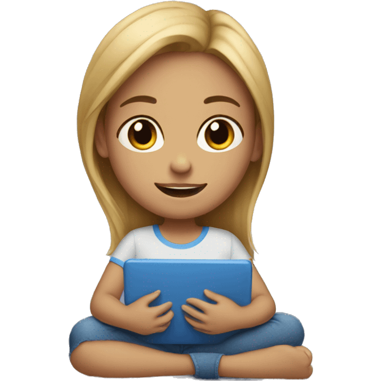 A girl is sitting on her bed with a blue ipad emoji