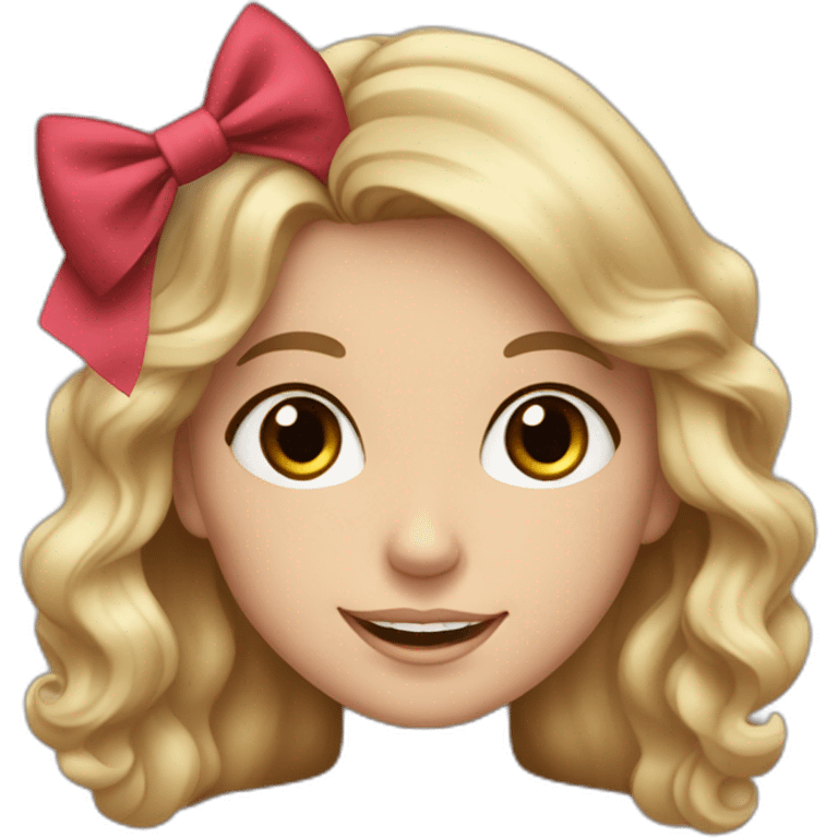 White girl, with wavy hair and two bows on top with two bows. Dark brown eyes and dimpled smile emoji