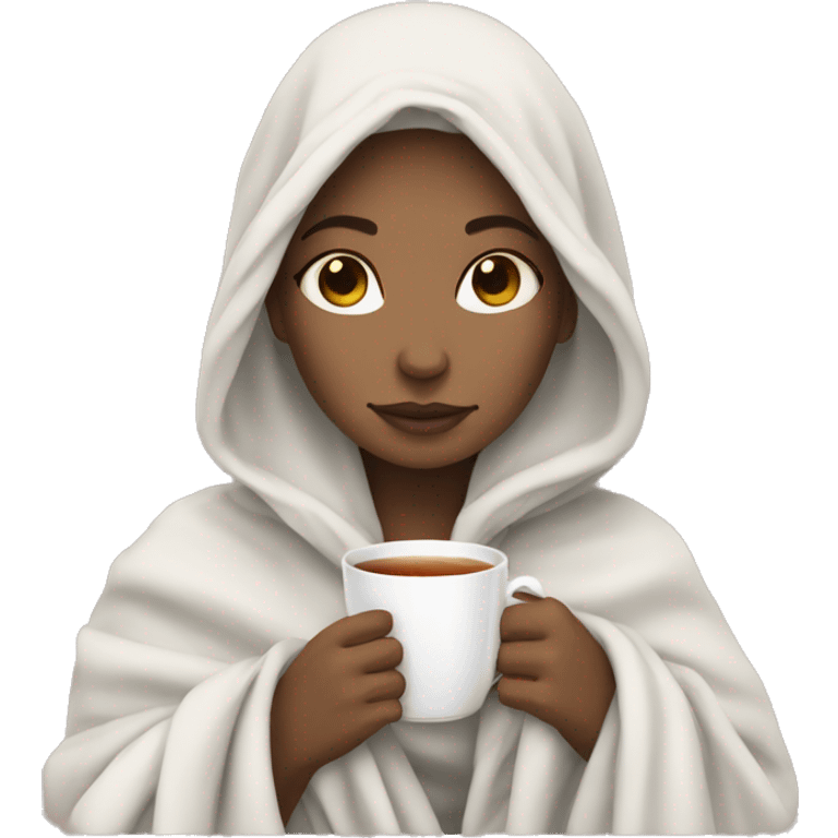 White Girl drinking tea with blanket on emoji