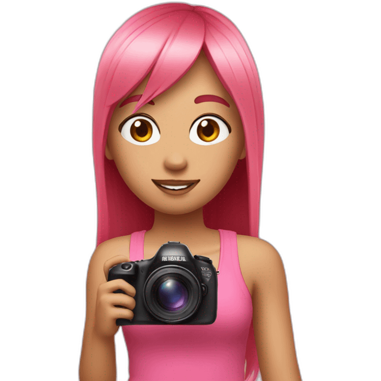 girl with long, straight rose hair with bangs and holding camera and wearing pink tank top emoji